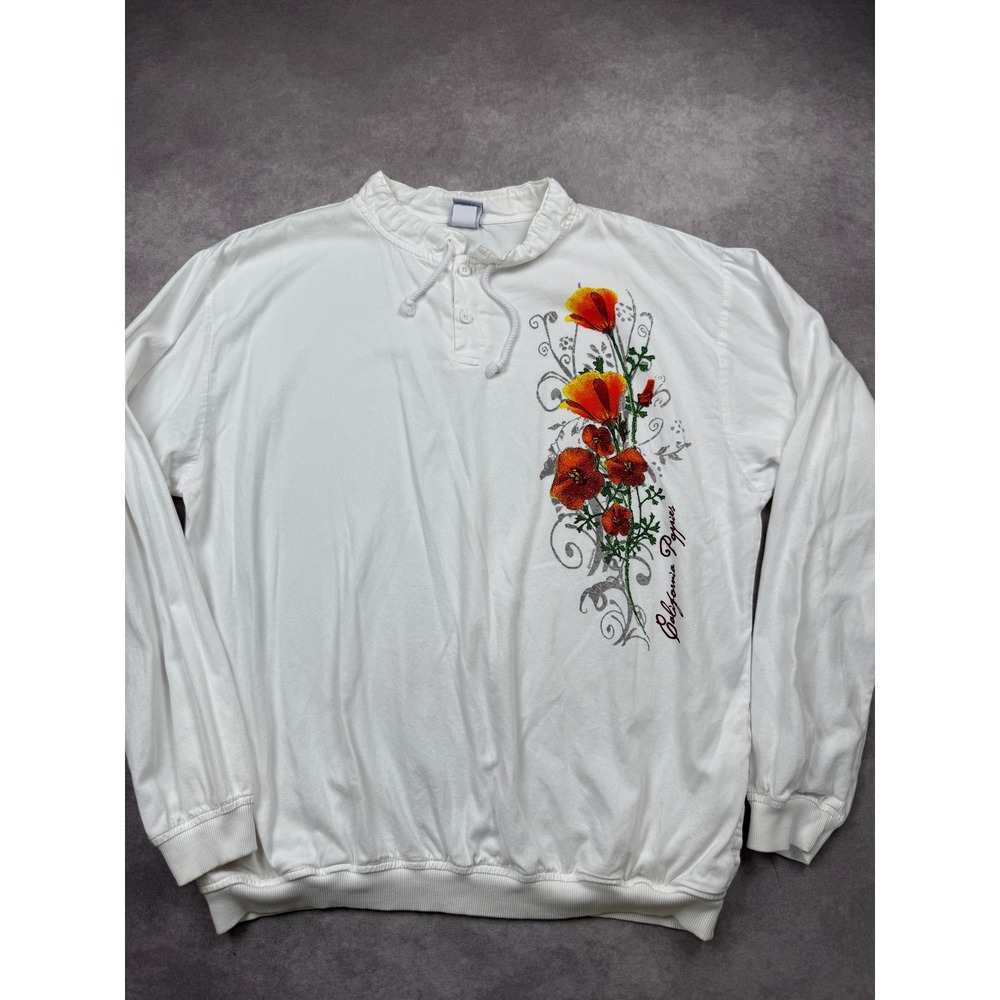 Crazy Shirts Hawaii California Poppies Henley White Cotton Women L USA Boho
